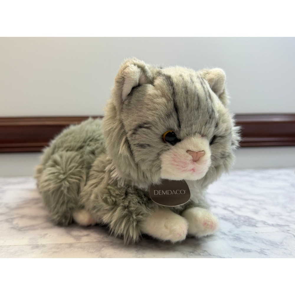 Demdaco Gray Tabby Cat Plush Realistic Stuffed Animal Kitten Gray White 11 inch